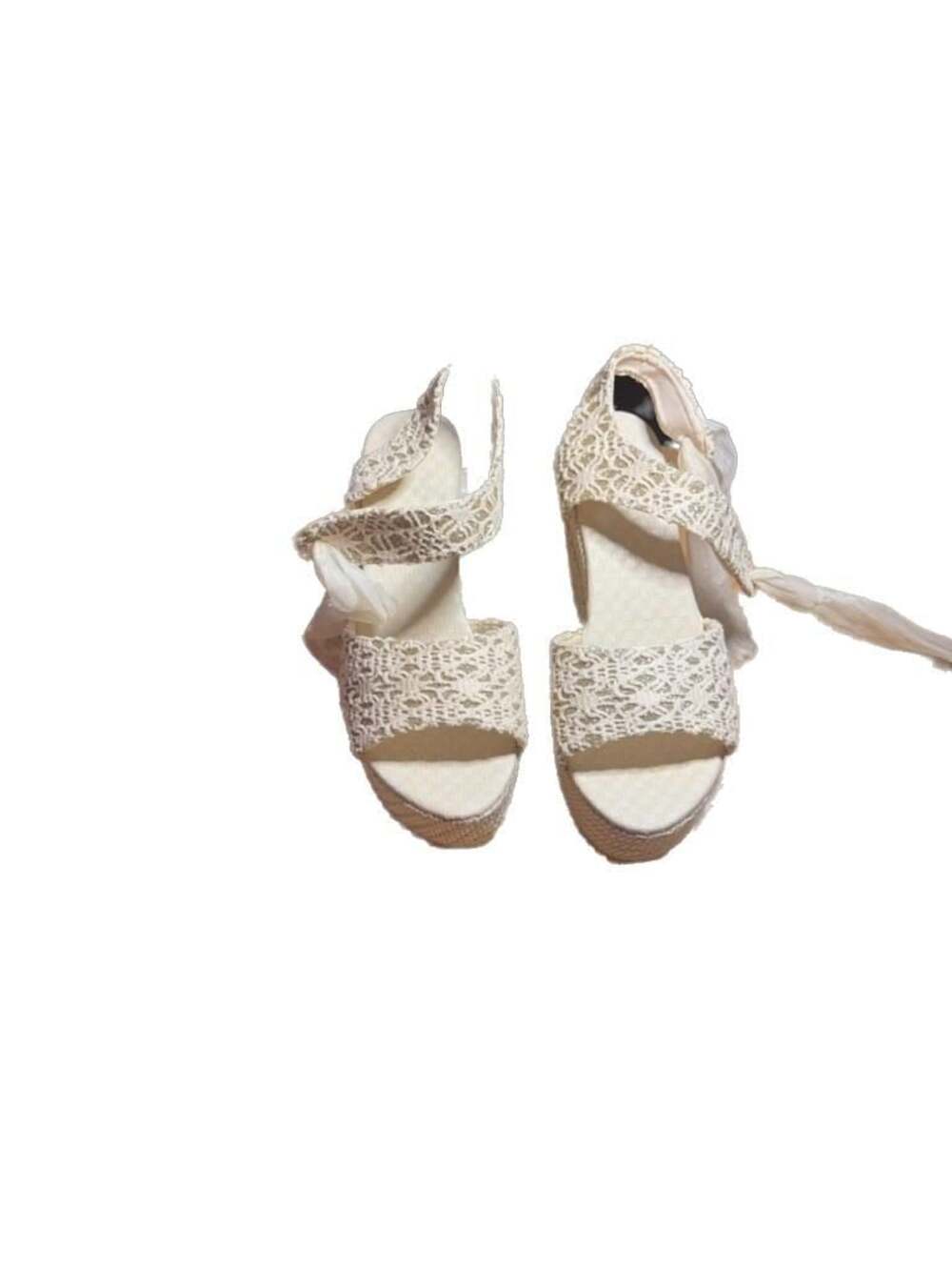 Women's Cream Lace Espadrille Platform Wedge Sandals with Ribbon Tie